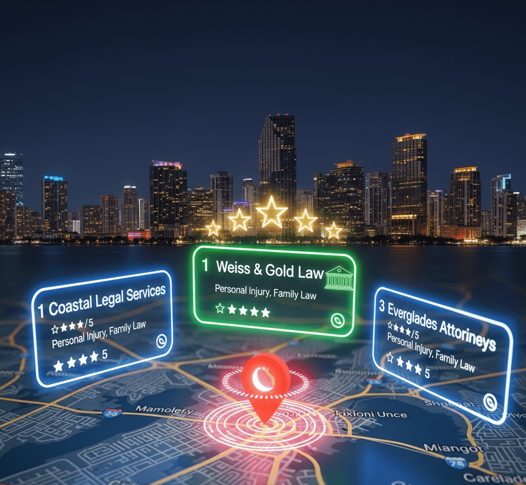 Google Map Pack with law firm listings in Miami glowing green.