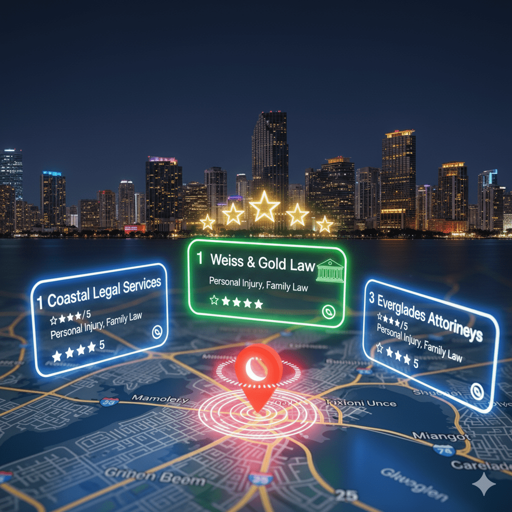 Law Firm SEO Miami 1 Google Map Pack with law firm listings in Miami glowing green.