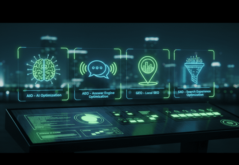 About Us 7 Tarasaka SEO approach – AIO, AEO, GEO, SXO represented as glowing holographic icons.