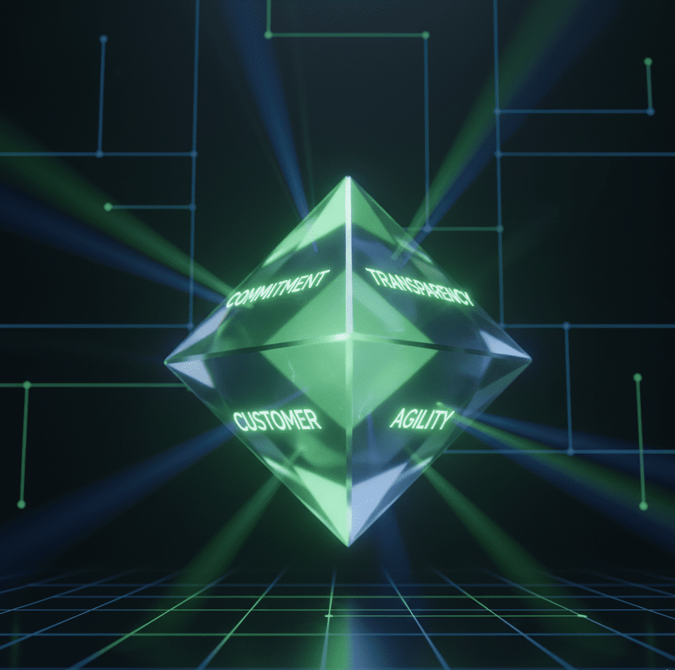 About Us 6 Tarasaka agency values represented as a glowing four-sided crystal: Commitment, Transparency, Agility, Customer Focus.