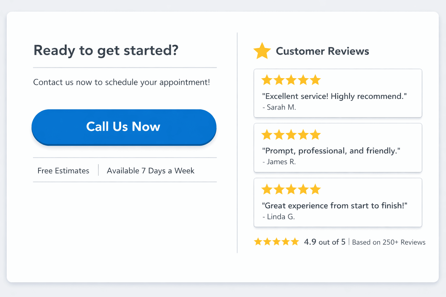 Roofing website reviews placed near call to action