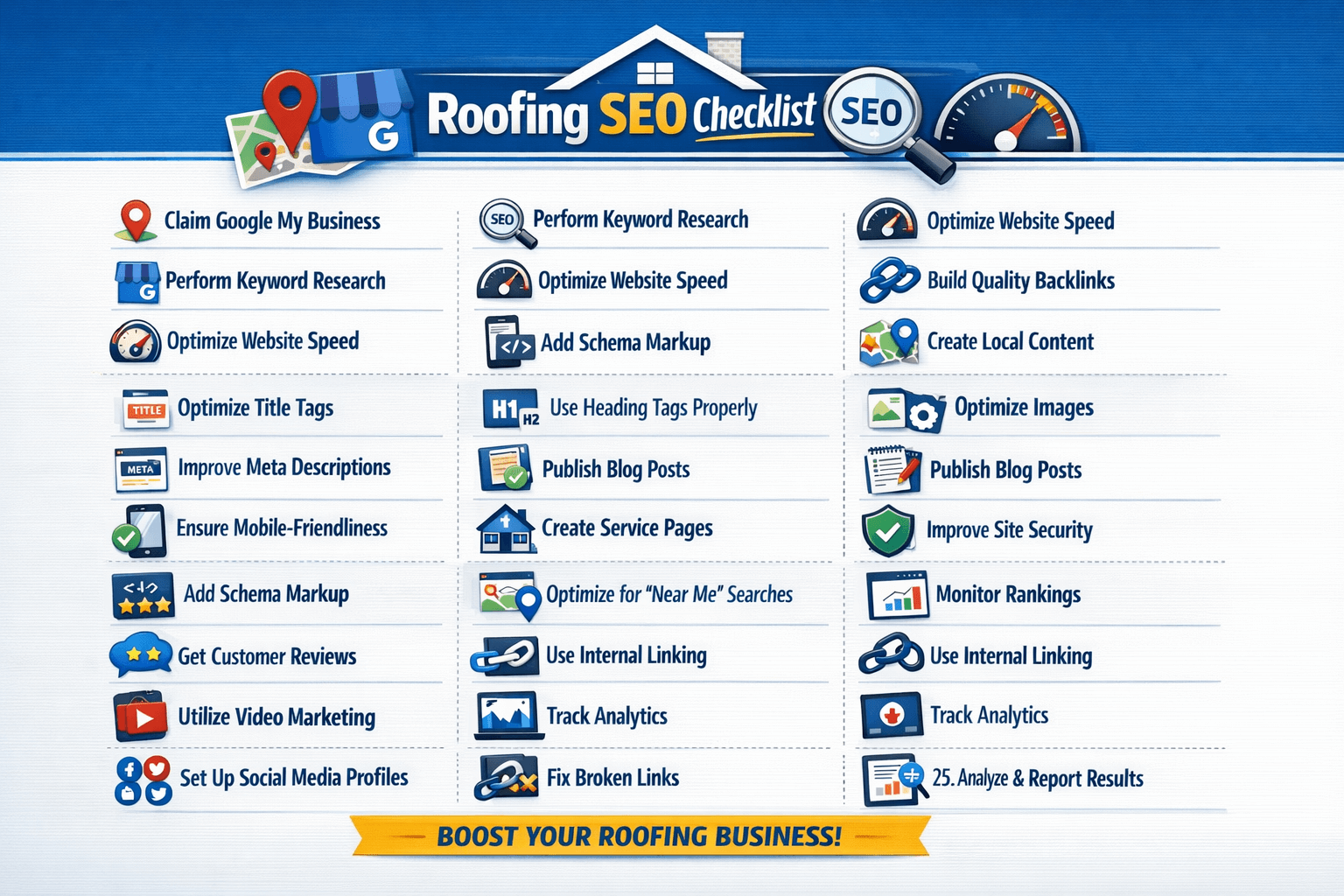 Roofing SEO checklist infographic.