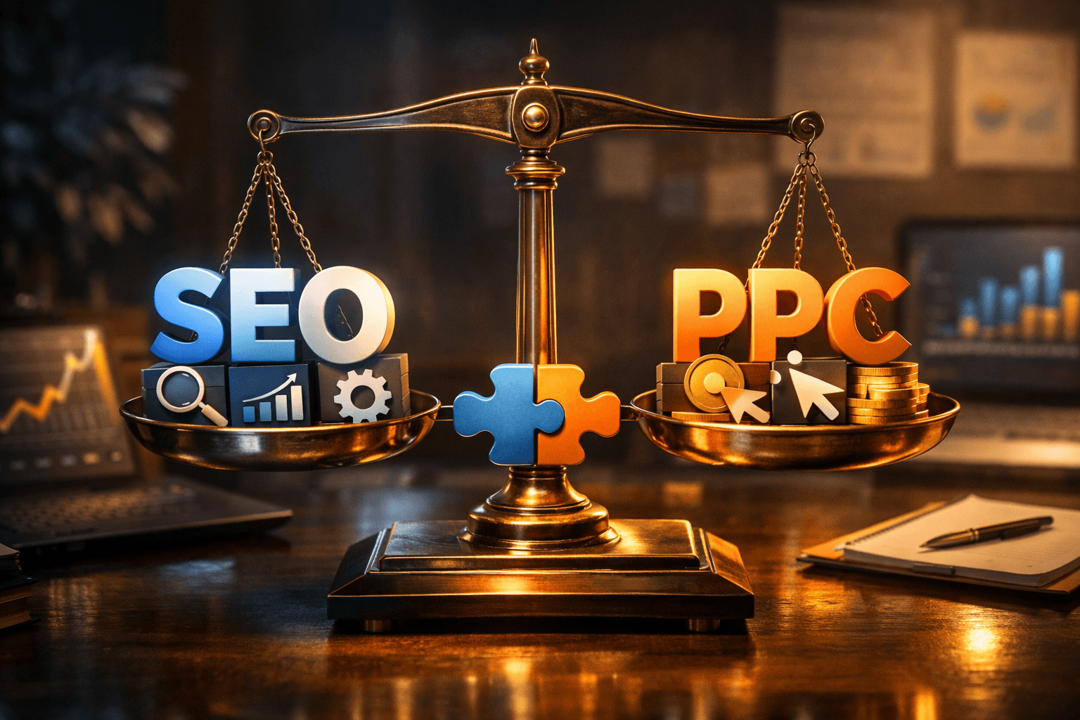 Balanced scale showing SEO and PPC