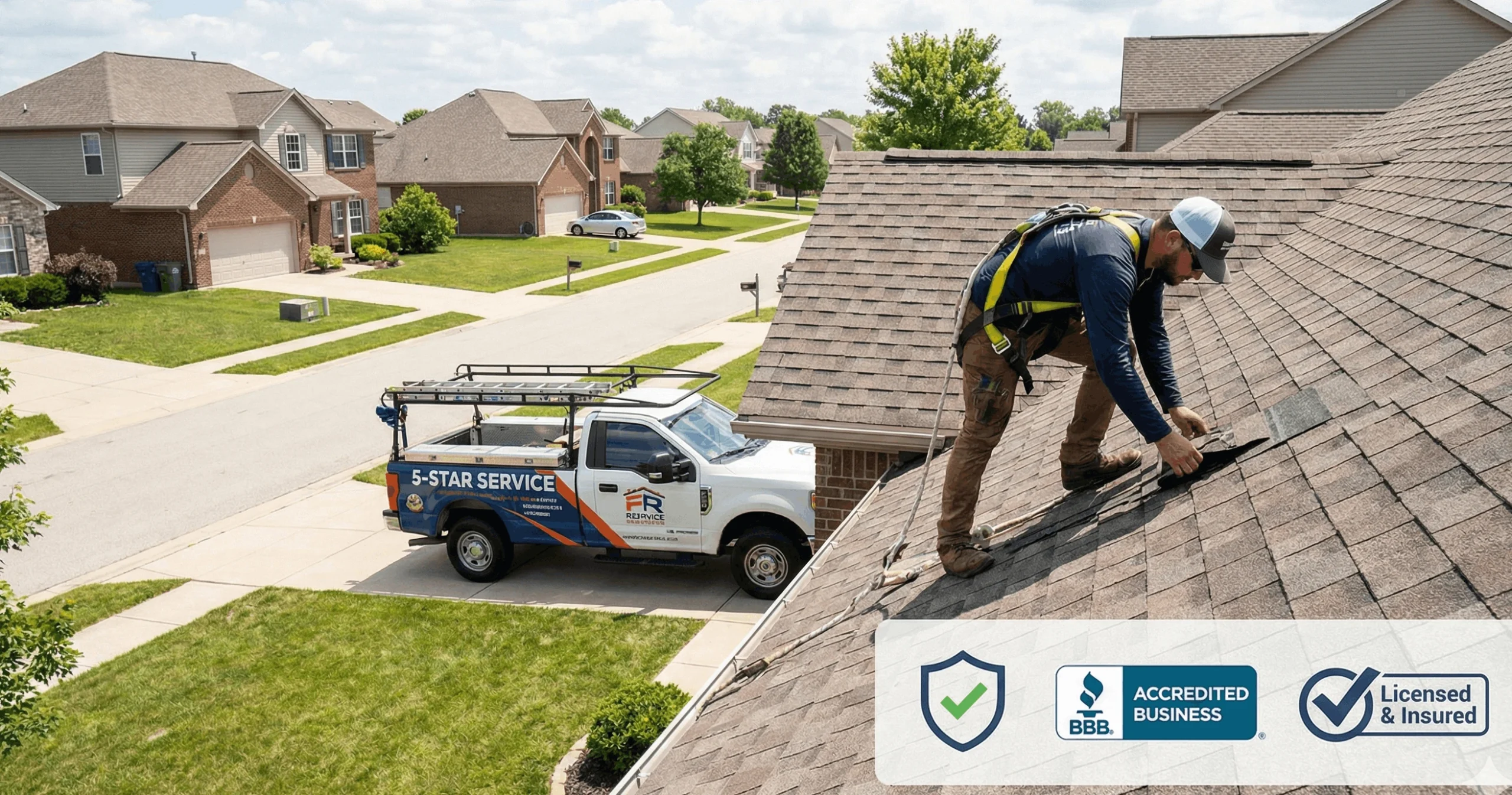 Local roofing contractor working in residential neighborhood 1 1 e1768753925967 scaled