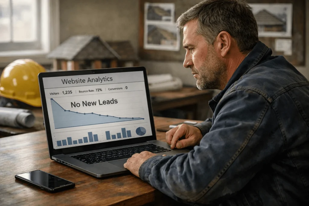 Why Most Roofing Company Websites Don’t Generate Leads (And What Actually Fixes It) 4 Roofing company owner reviewing website analytics with no incoming leads